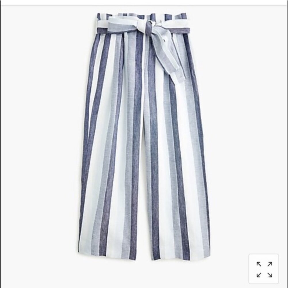 J.Crew Women's Point Sur Linen Paper Bag Pants - Size 0, Blue Stripes - Picture 2 of 4
